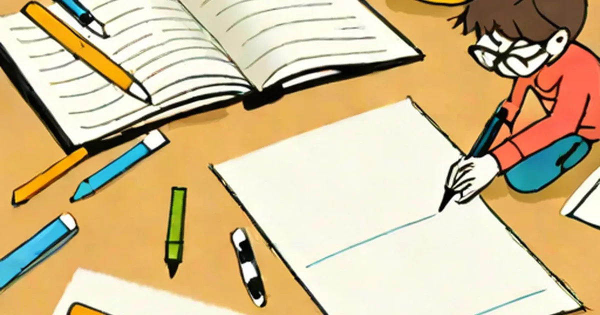 Child writing on white paper with markers and pens on the desk