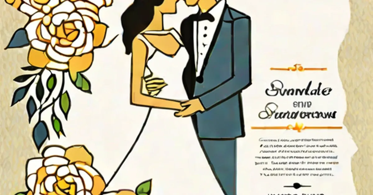 Illustration of bride and groom with yellow roses framing the design
