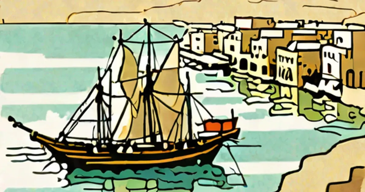 Ancient sailing ship with multiple square sails near a fortified coastal settlement
