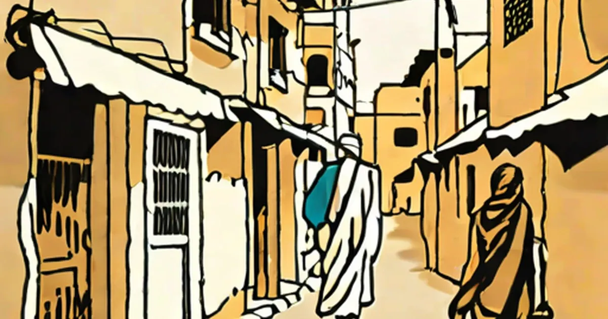 Narrow Yemeni street with tan buildings and a figure in traditional robes