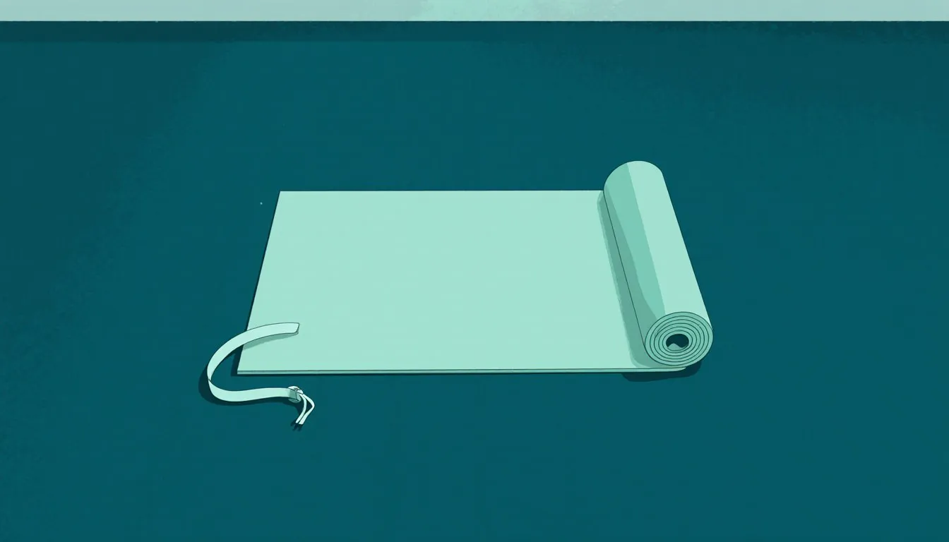 A single yoga mat partly unrolled on a bare floor with its carry strap beside it, the only equipment needed to start a beginner practice