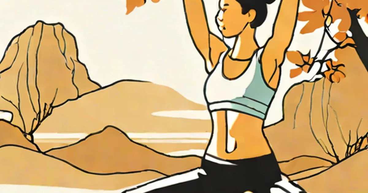Woman stretching with arms raised overhead in a mountain landscape