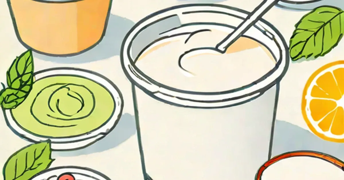Glass of yogurt with spoon and fresh ingredient illustrations