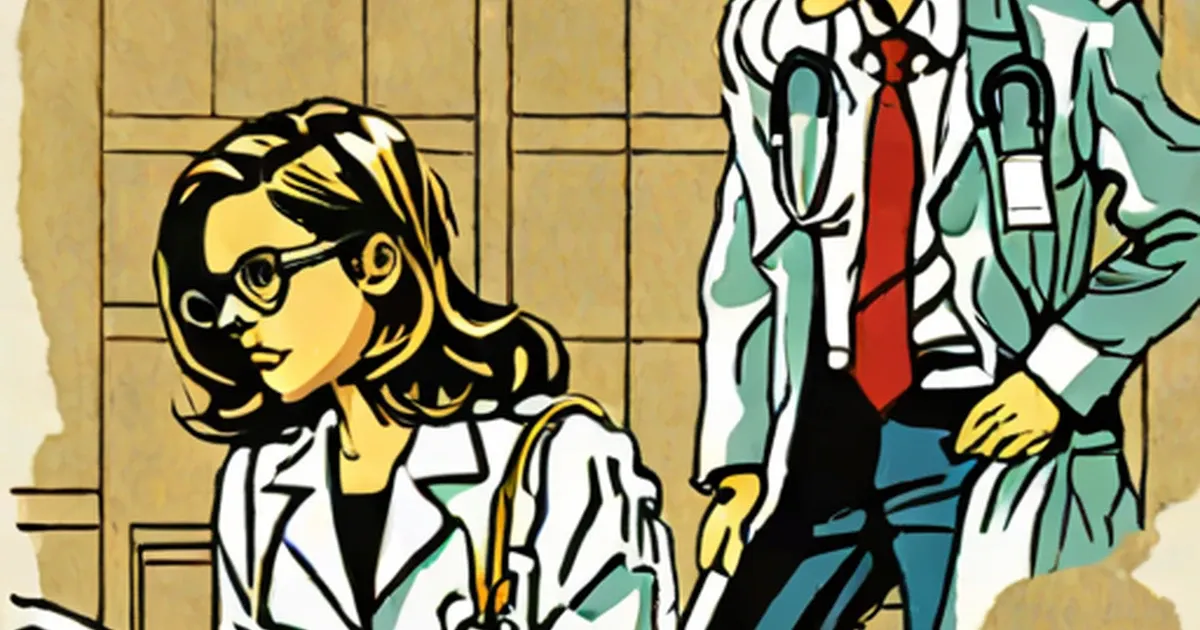 Woman in glasses and white medical coat with formally dressed figure