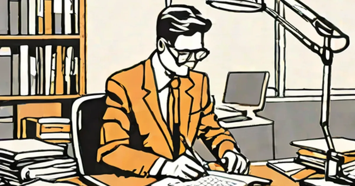 Professional in yellow suit at desk with stacked papers and computer