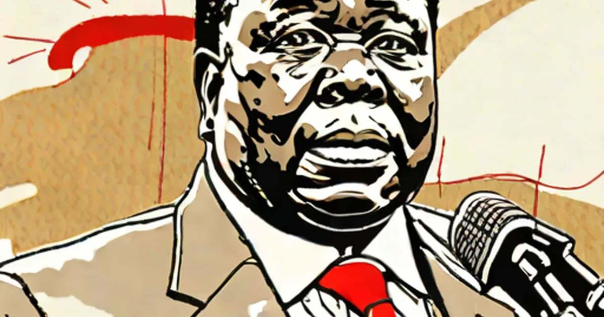 Graphic illustration of a man in formal attire speaking into a microphone