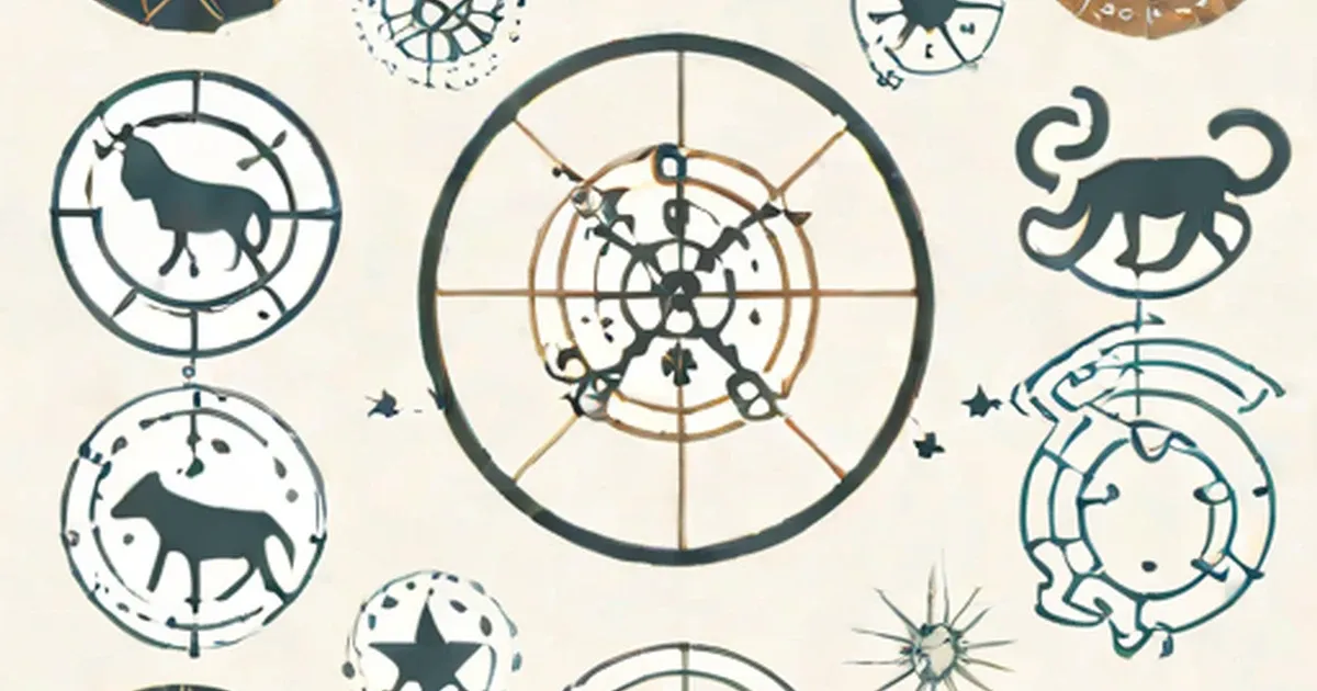 Twelve zodiac animal symbols arranged in circles around a central compass wheel