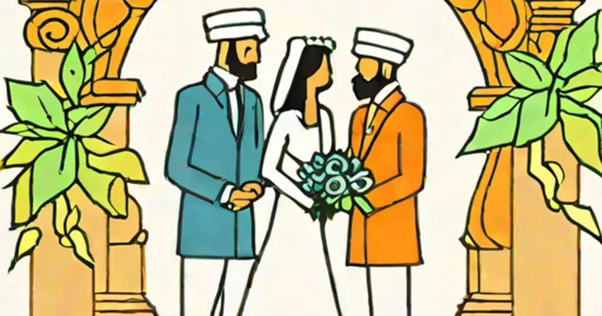 Bride in white and groom in blue standing with an attendant under ornate golden columns